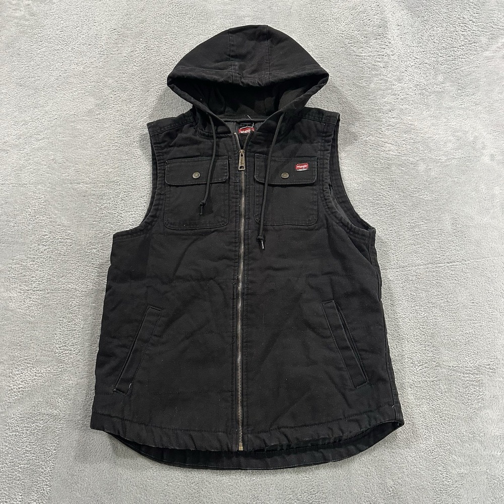 Wrangler Denim Vest Hooded Men's M Pockets Black Outdoor Workwear